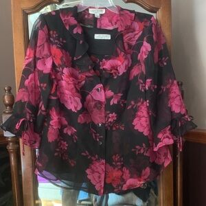 Lady Dorby Elegant Sheer Floral Blouse & Matching Shell with Pink & Red Accents
